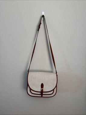 Sezane Romeo Beige cloth and Brown Leather-Trim Crossbody Saddle Bag